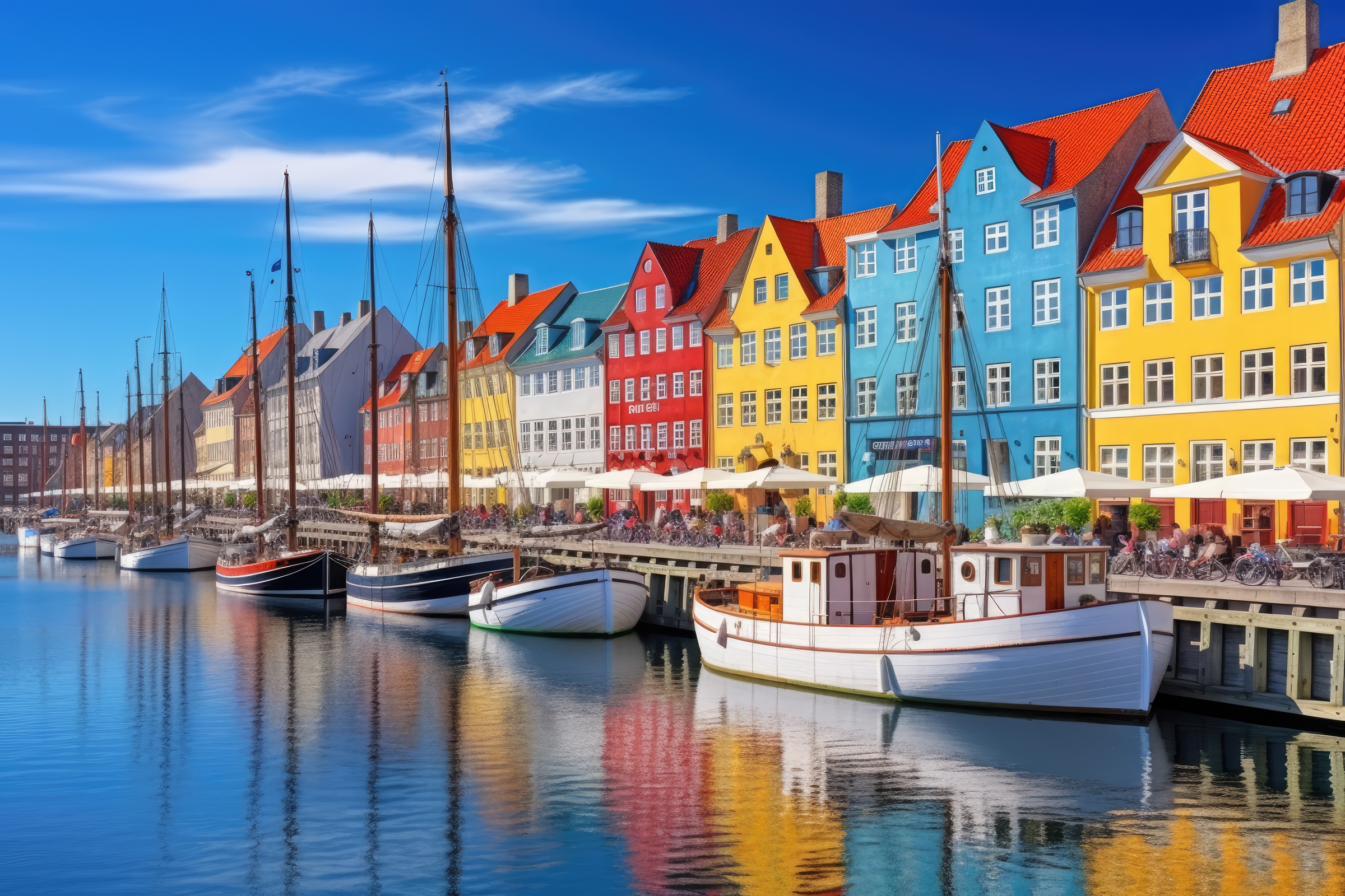 The colorful Nyhavn harbor houses in Copenhagen, Denmark