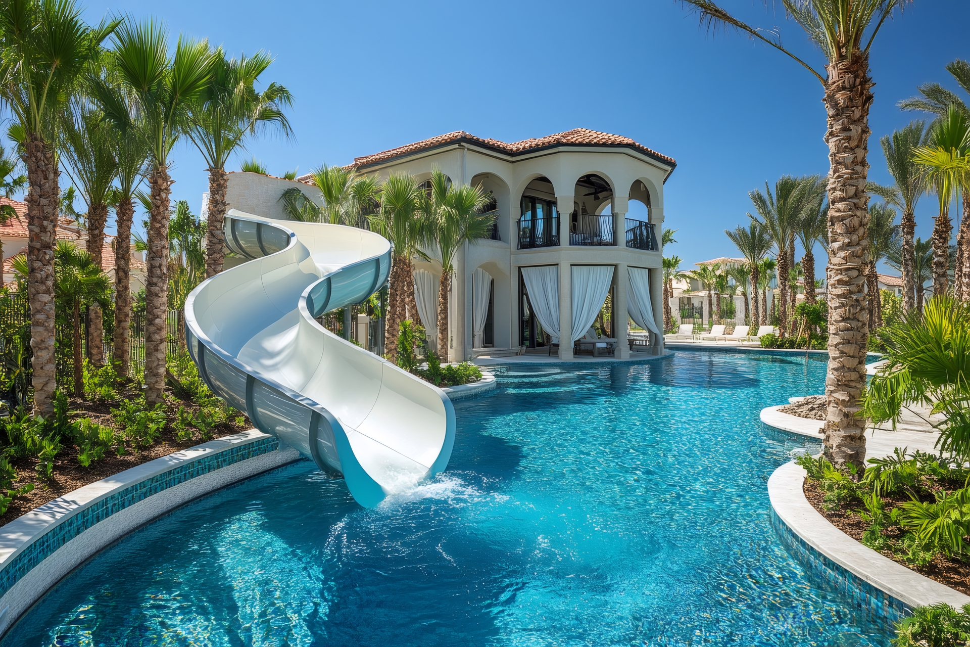 A waterslide into a turquoise resort pool, ideal for families