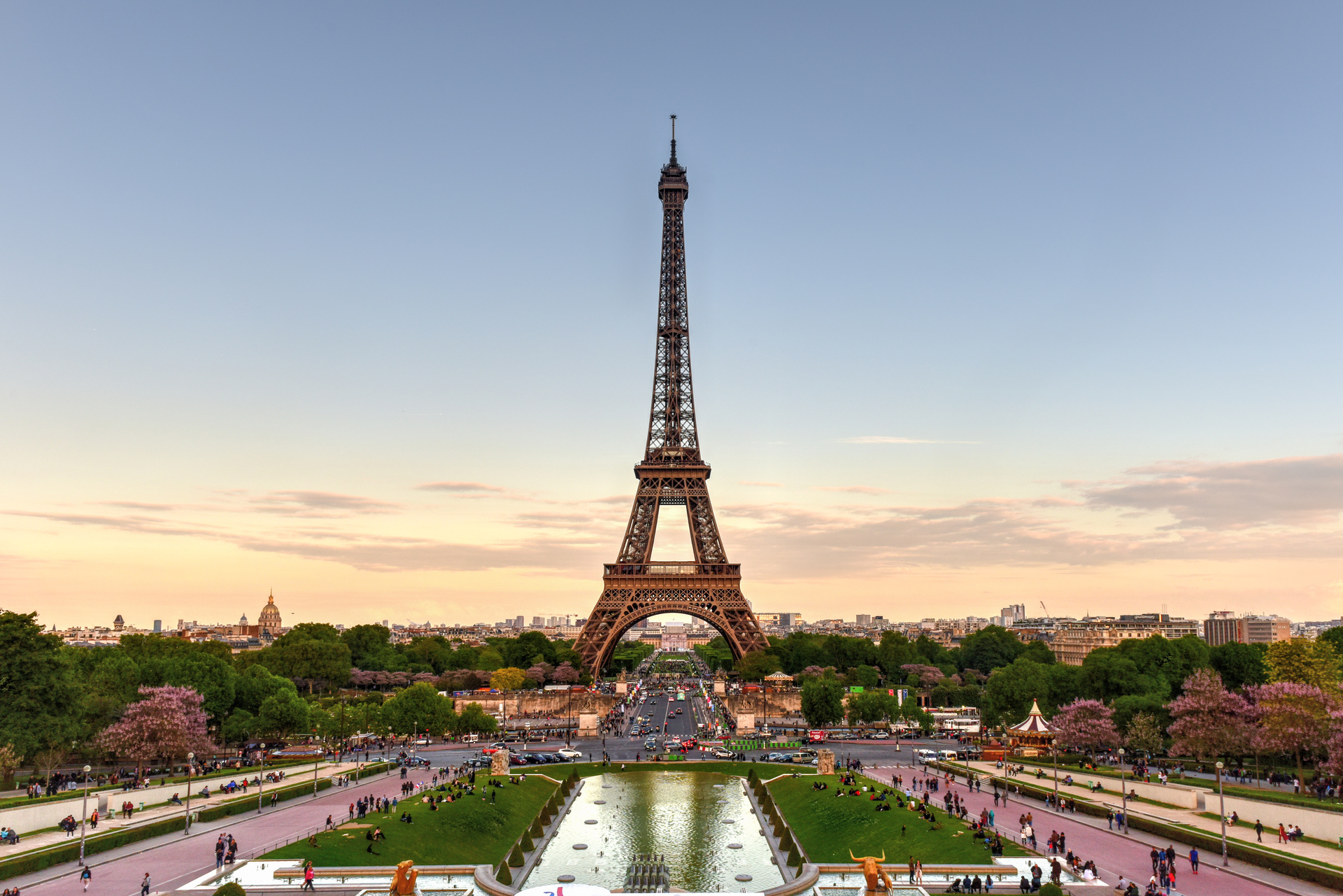 The Eiffel Tower rising above the Champ de Mars in Paris