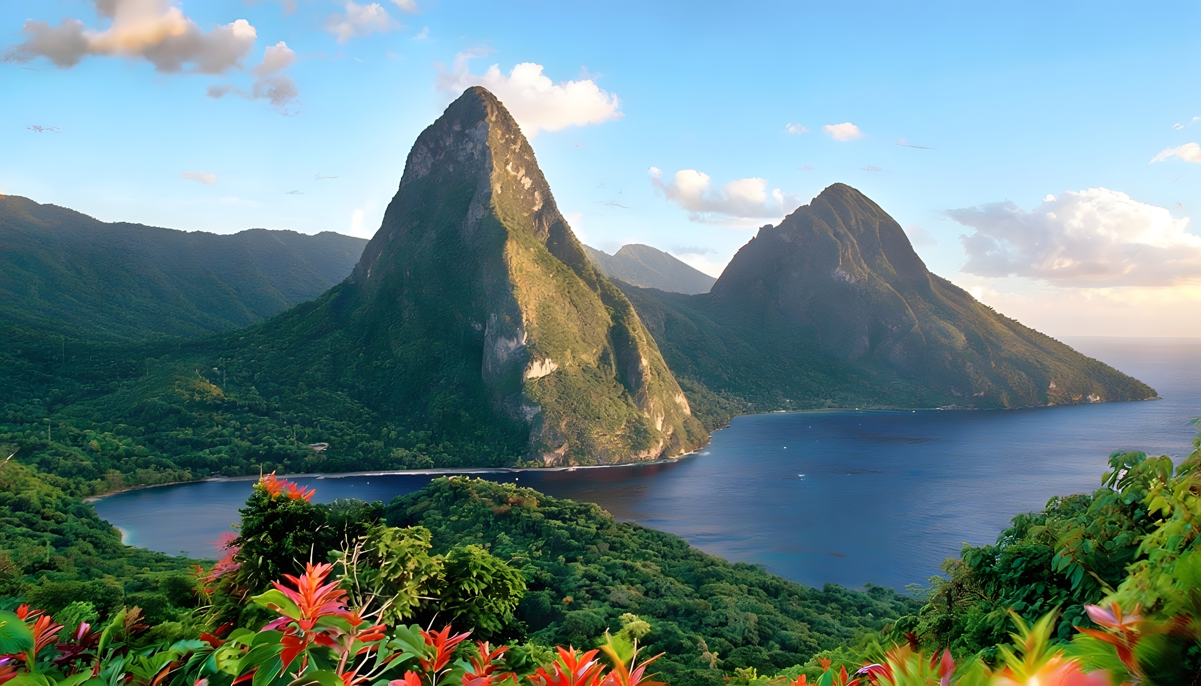 The Pitons rising over the sea in St. Lucia at golden hour