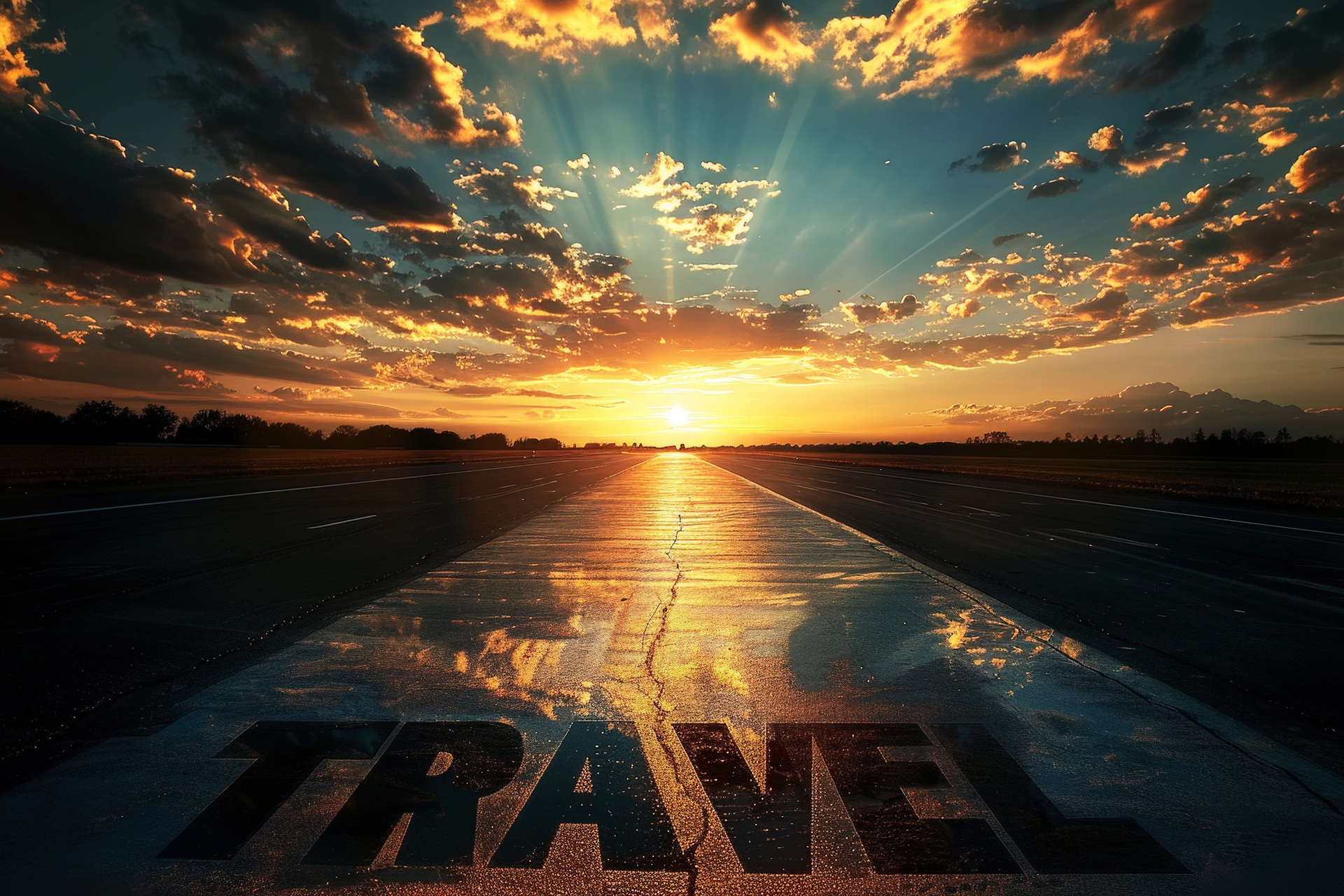 An open runway at sunset with the word TRAVEL across it